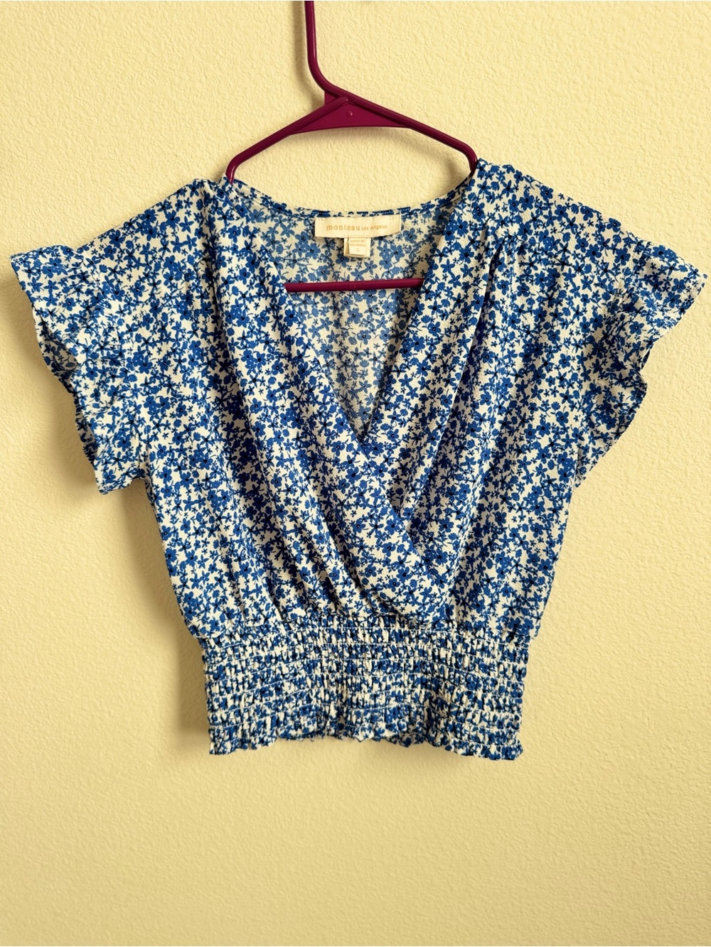 Monteau Los Angeles Blue Floral V-Neck Crop Top – Size S